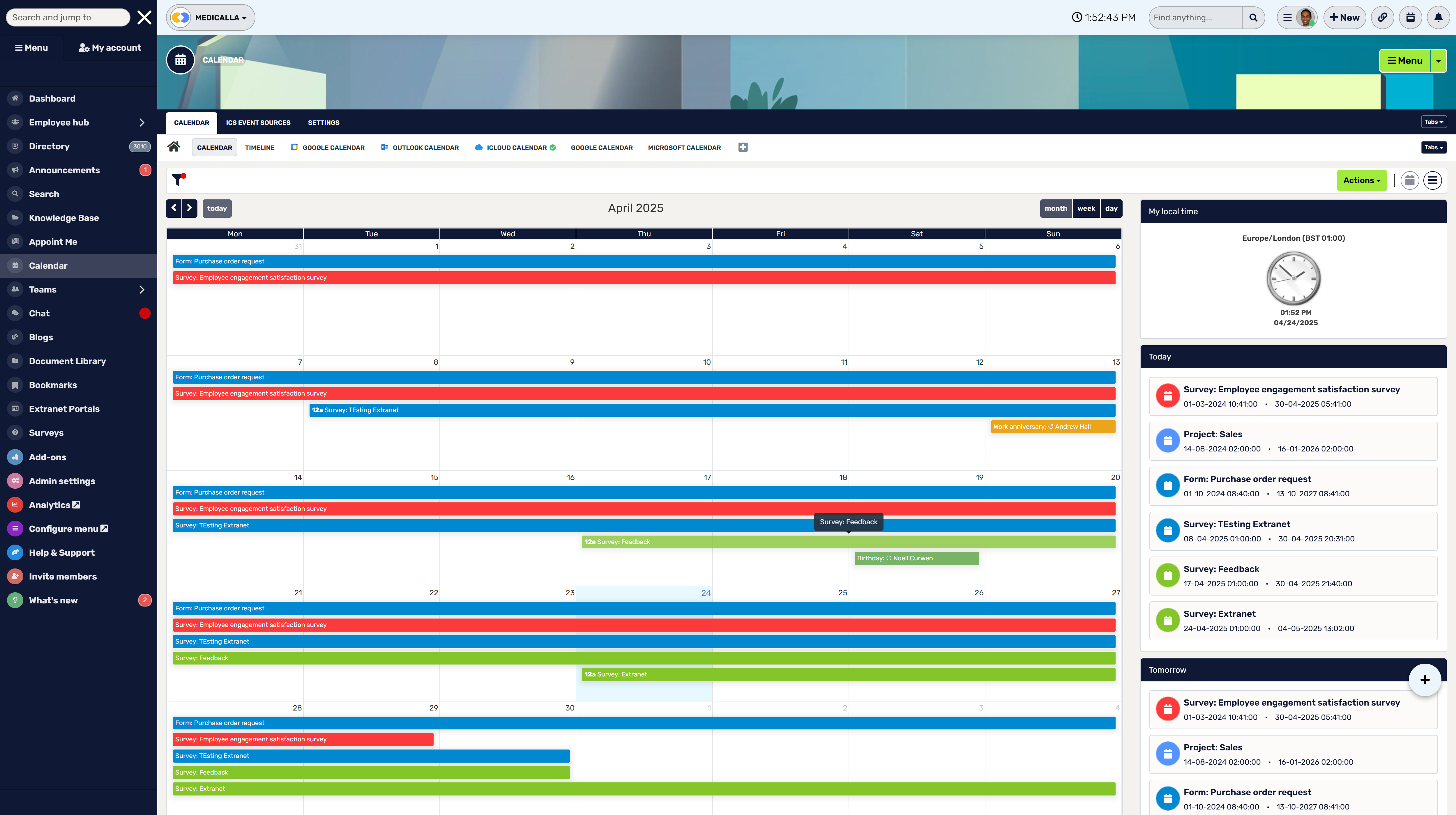 Intranet Integration with Google Calendar