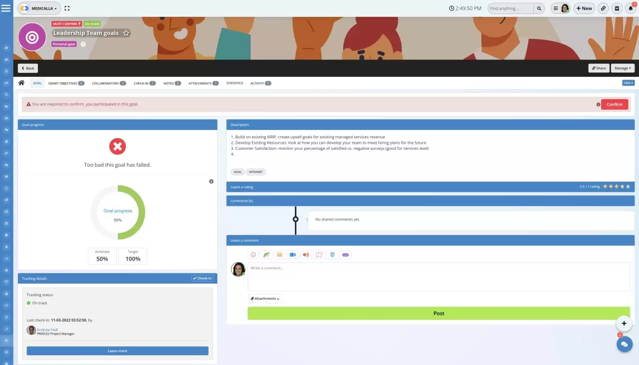 AgilityPortal—Best for setting and tracking project and SMART goals