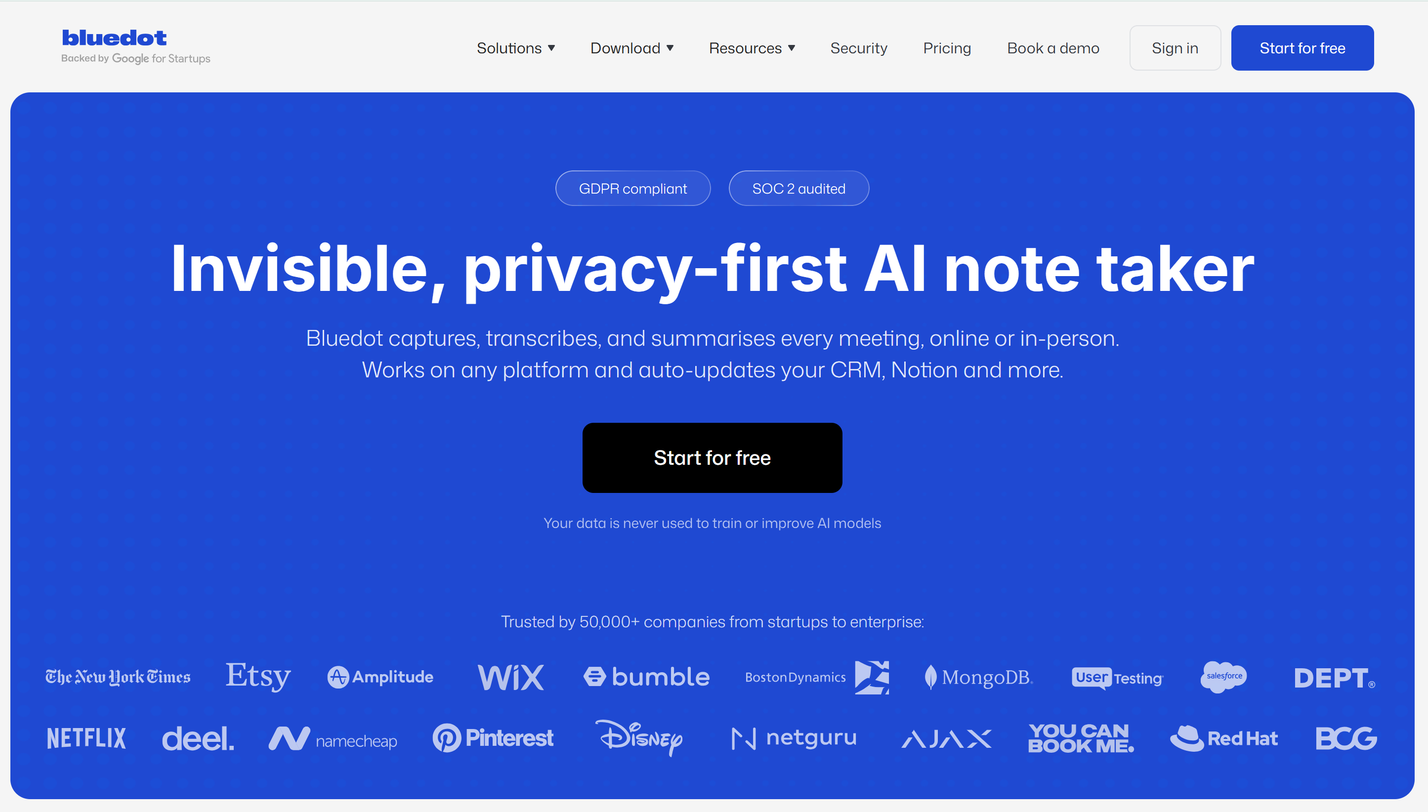 #1. Bluedot &mdash; best for bot-free meeting capture