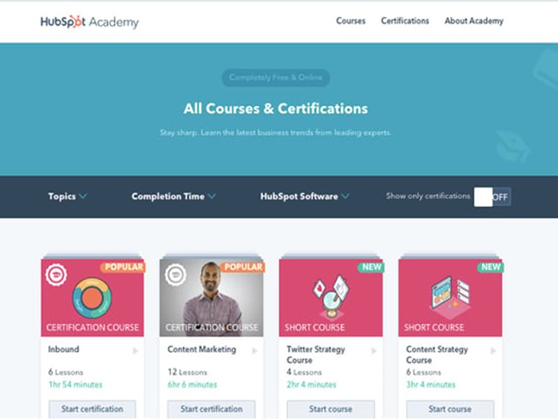 A list of video-based training courses available at HubSpot Academy